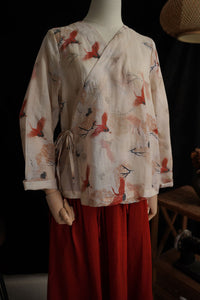100% Ramie Linen Vintage Chinese Women Shirt with Vintage Floral Print, Linen women Skirt set 241505s