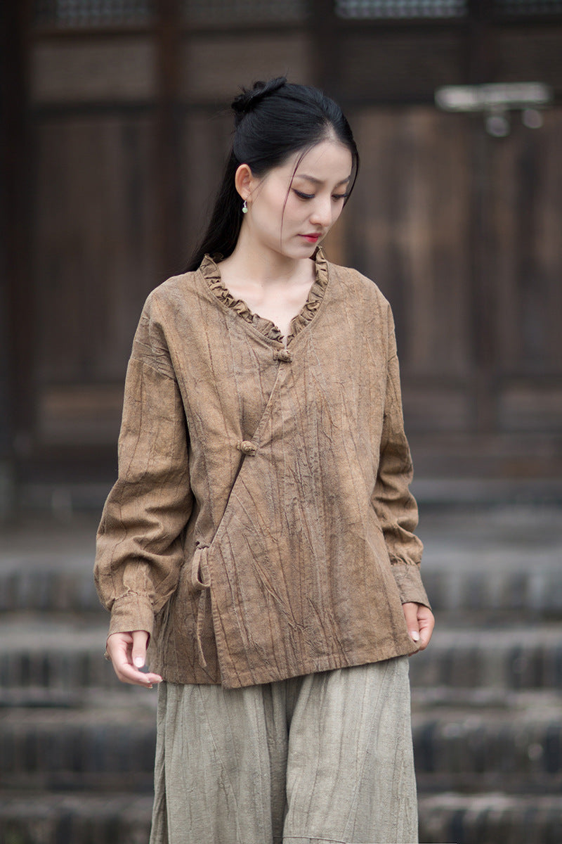 Ramie Linen Women Shirt in Hanfu Style with Ruffled Collar & Diagonal Closure 250922a