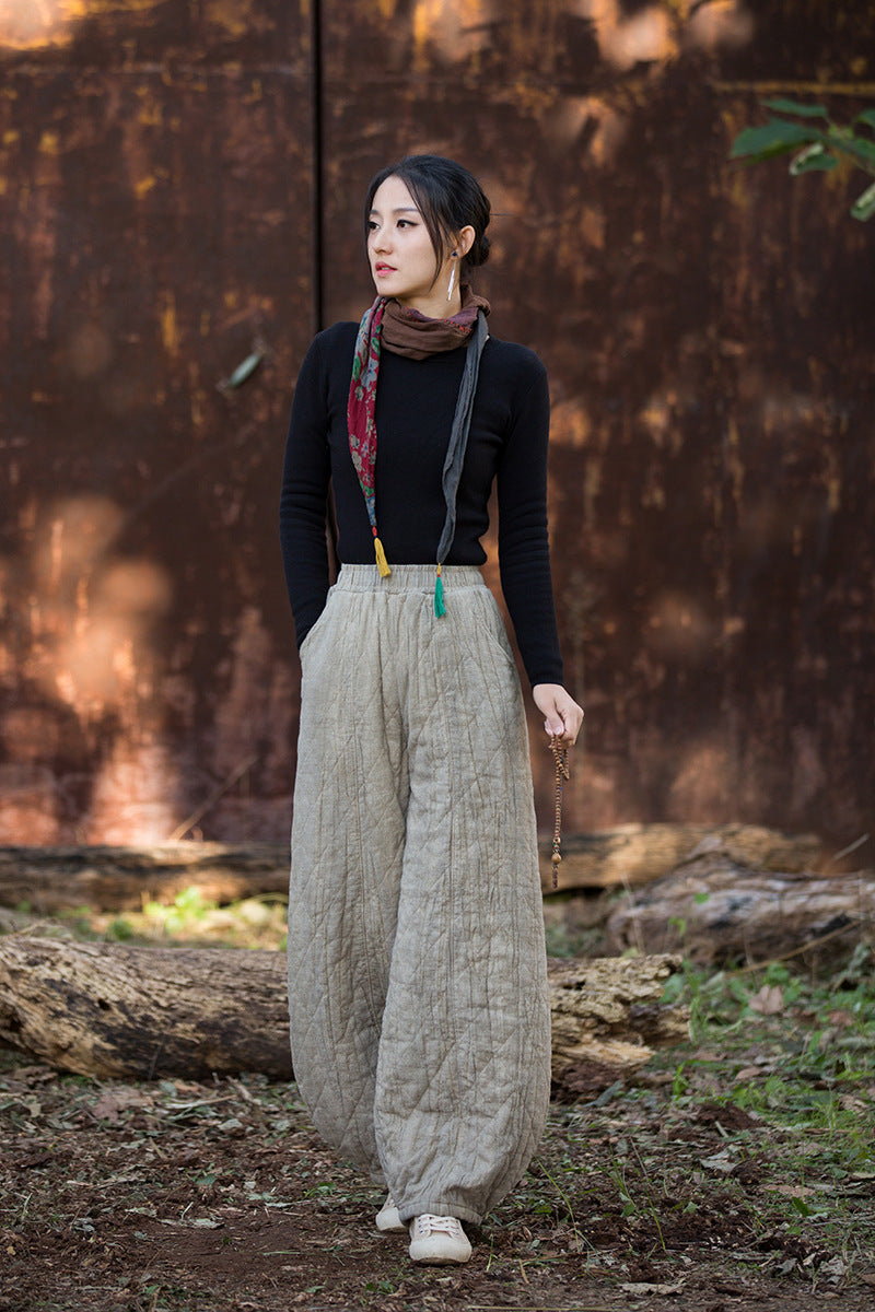 Ramie Linen Cotton Quilted Thick Pants with Pockets, winter women padded pants  251106w