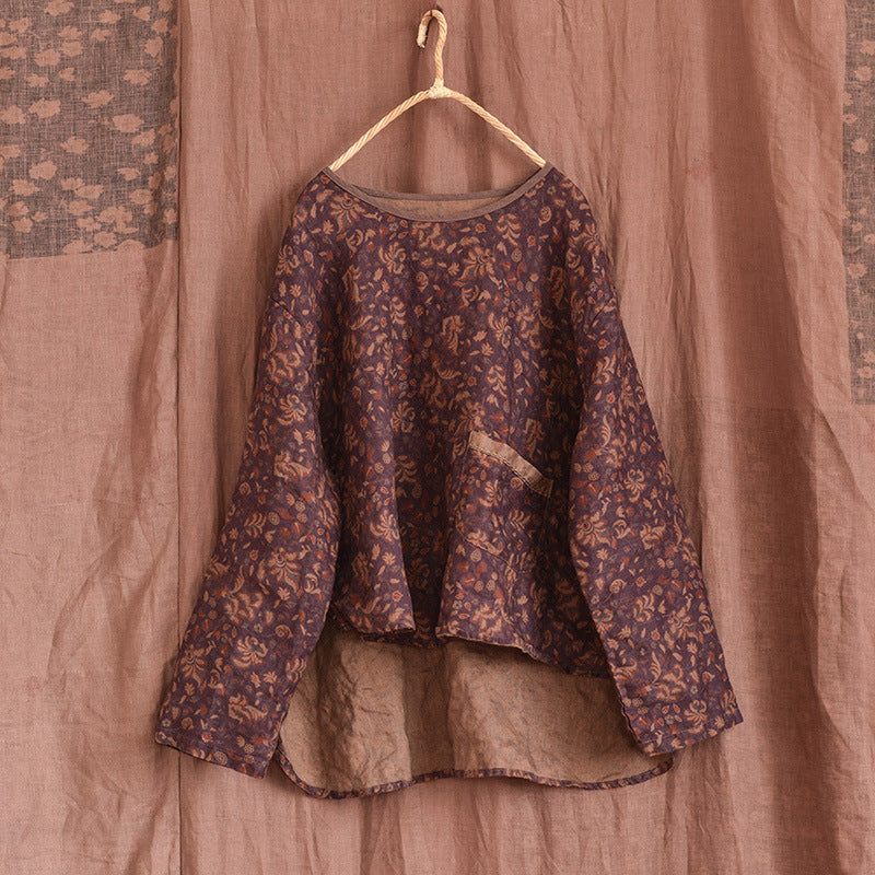 100% Linen Asymmetrical Women Shirt with High-low Hem & Vintage Print 250712s