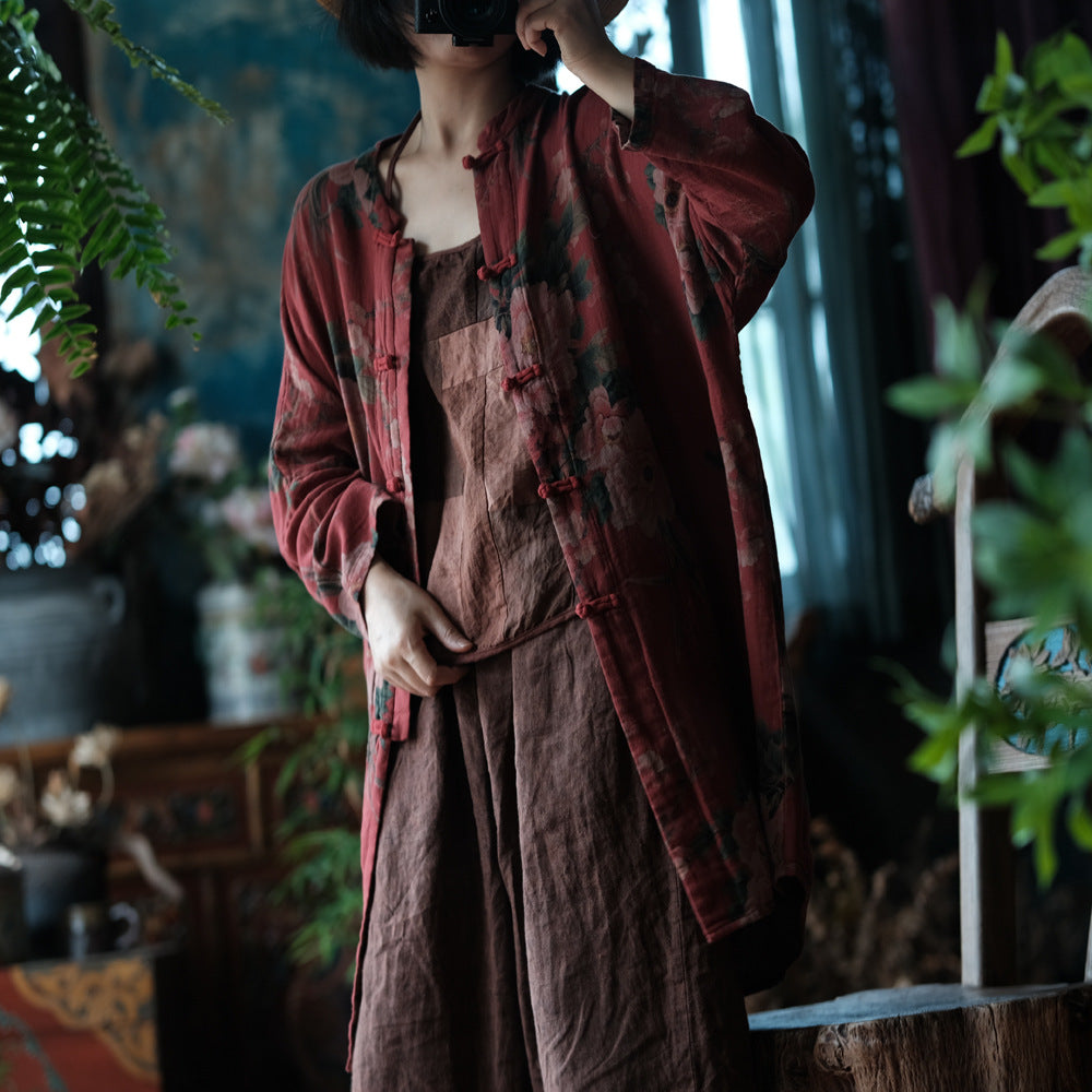 100% Cotton Chinese Women Long Blouse with Traditional Buttons and Vintage Print, linen women Shirt Jacket  250409s 2099