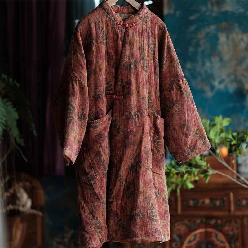 100% Cotton Winter Women Quilted Jacket with Pockets and Vintage Floral Print 250916a 1927