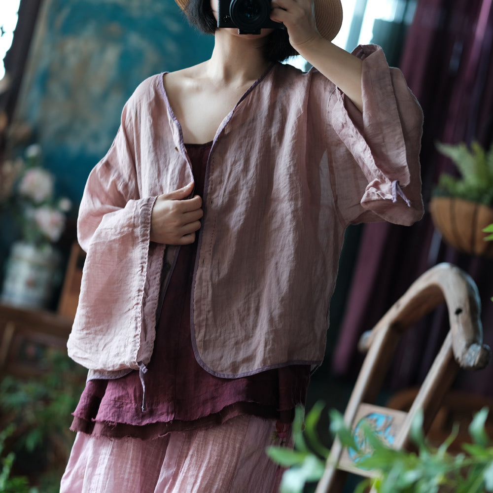 100% Linen  Women Shirt with Chinese Traditional Sleeves, linen women Shirt Jacket 250408s 1994