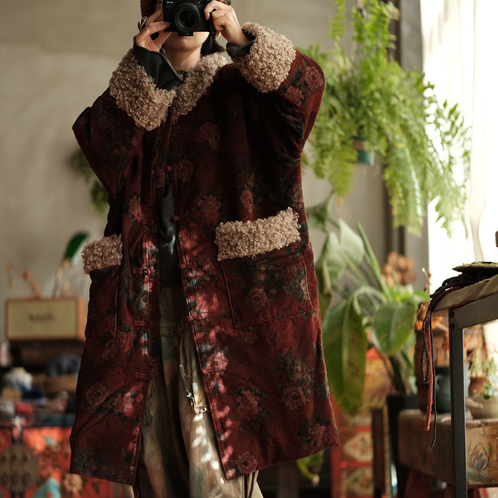 Winter Thick Cord Women Quilted Jacket with Vintage Print in Hanfu Style 250201w