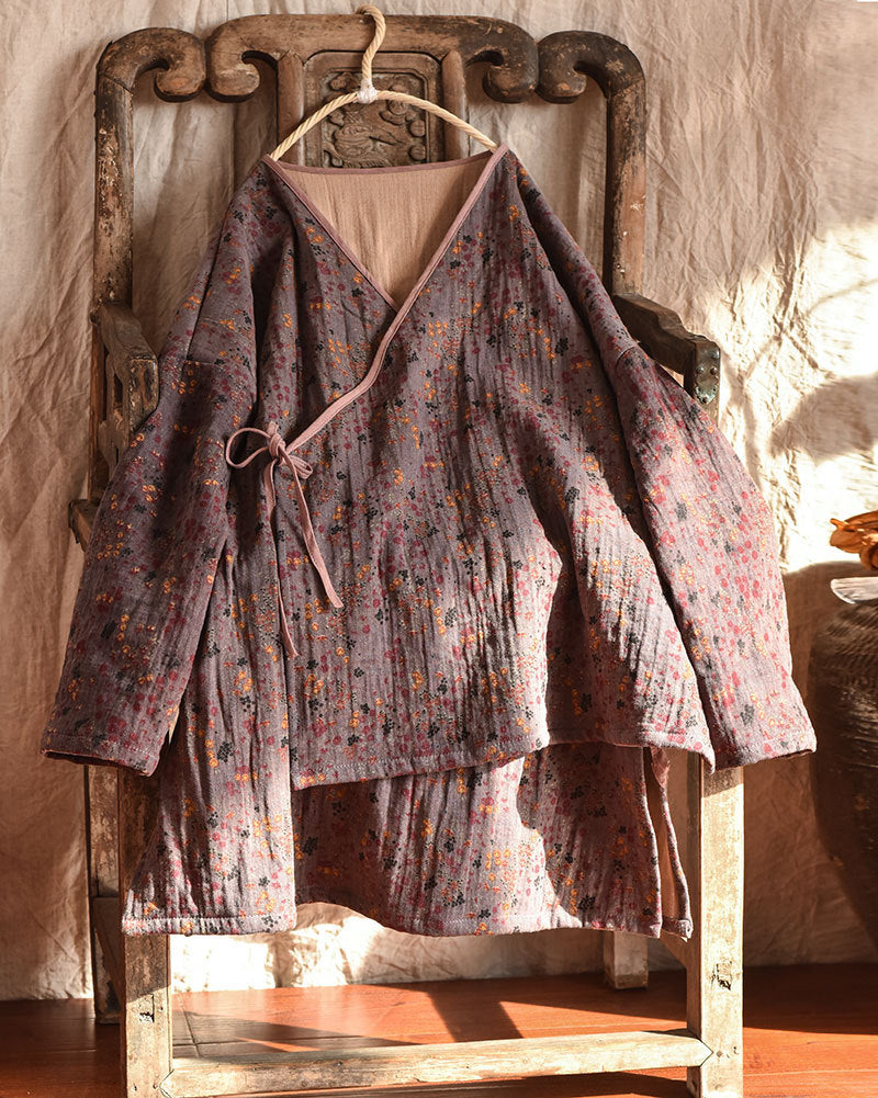 Linen Cotton Cross Collared Autumn Wrap Hanfu with Front-Tie 250905a