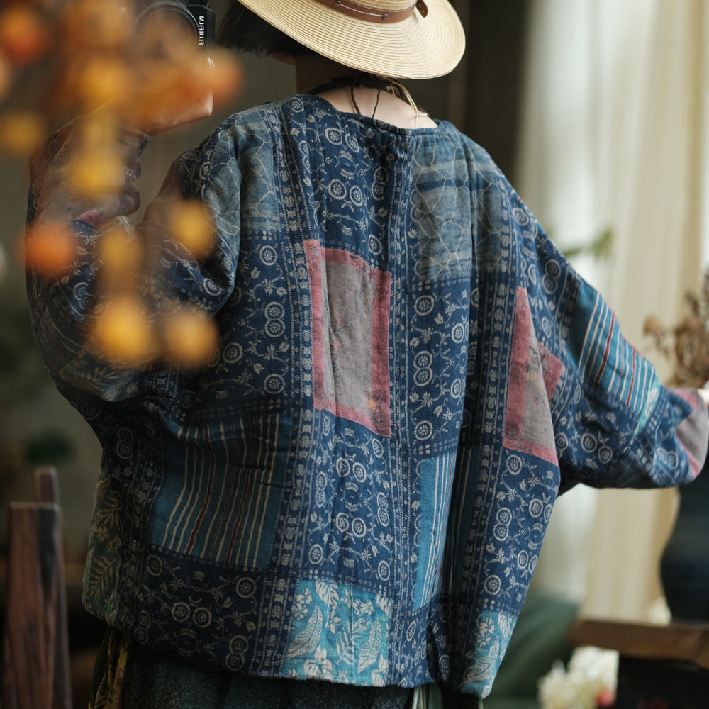 100% Cotton Women Quilted Loose Pullover with Floral Print 250912a 2147