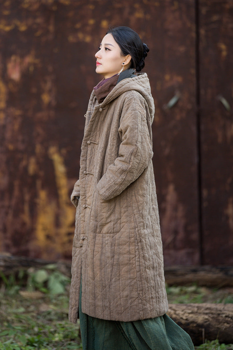 Ramie Linen Women Quilted Hoodie Jacket with Pockets & Frog Buttons in Hanfu Style, Chinese style Winter Padded Coat 251107w