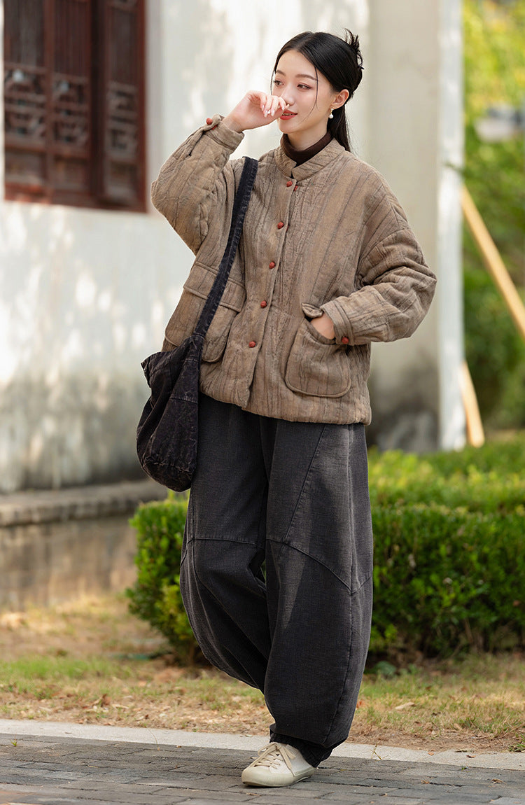 Ramie Linen Cotton Women Quilted Jacket with Pockets & Color-block Buttons in Hanfu Style, Chinese style Hanfu 251120w