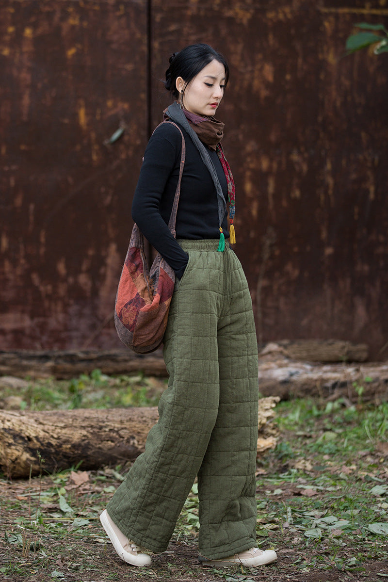 Ramie Linen Cotton Quilted Thick Pants with Pockets & Front Ties, winter women pants 251105w