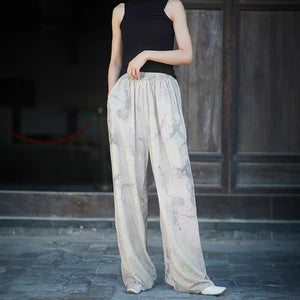 Linen Cotton Women Wide Leg Pants with Plant Tie Dye, linen Culottes women pants 240917a