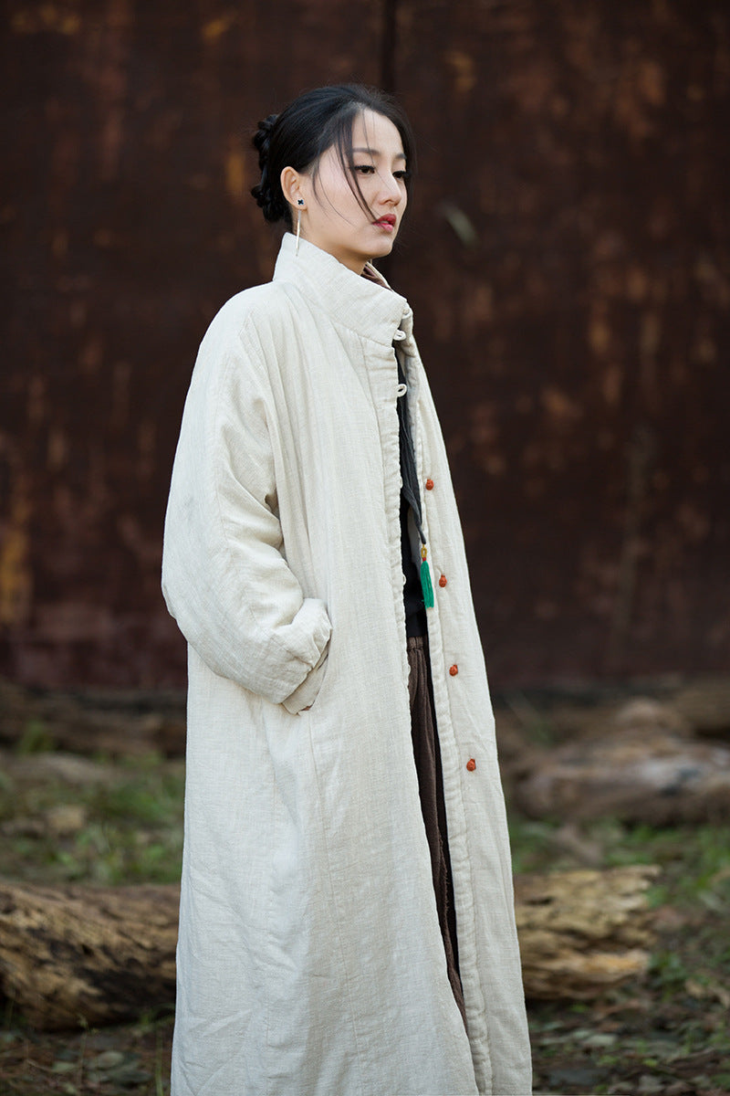 Ramie Linen Cotton Women Quilted Coat with Pockets and Color-Block Buttons in Hanfu Style, Chinese style Hanfu Jacket  251124w