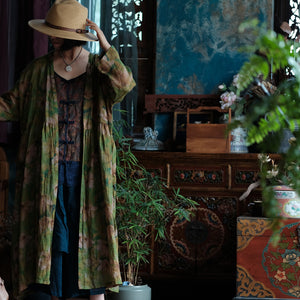 100% Linen Chinese Women Blouse with Vintage Print, linen women open Shirt Jacket 250410s 2193