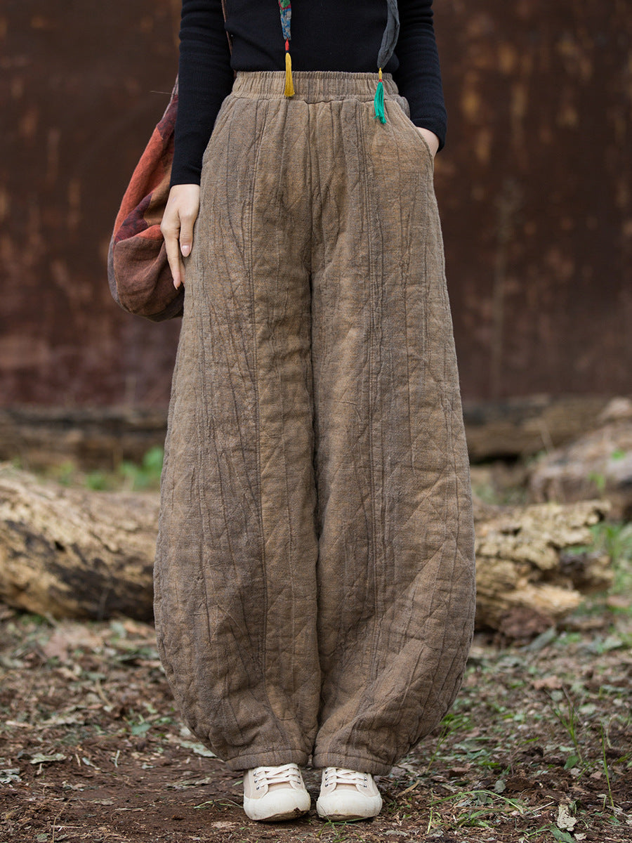 Ramie Linen Cotton Quilted Thick Pants with Pockets, winter women padded pants  251106w