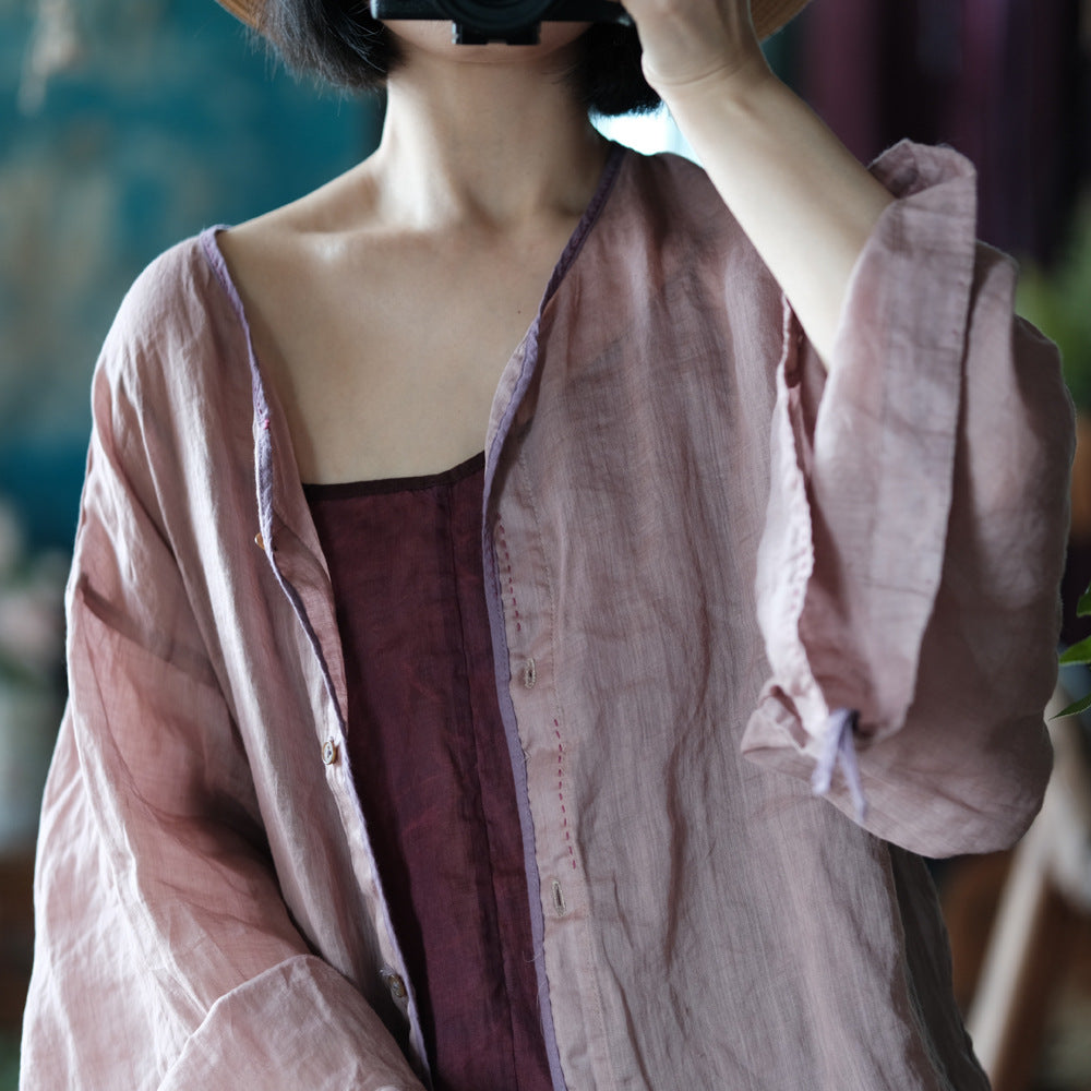 100% Linen  Women Shirt with Chinese Traditional Sleeves, linen women Shirt Jacket 250408s 1994