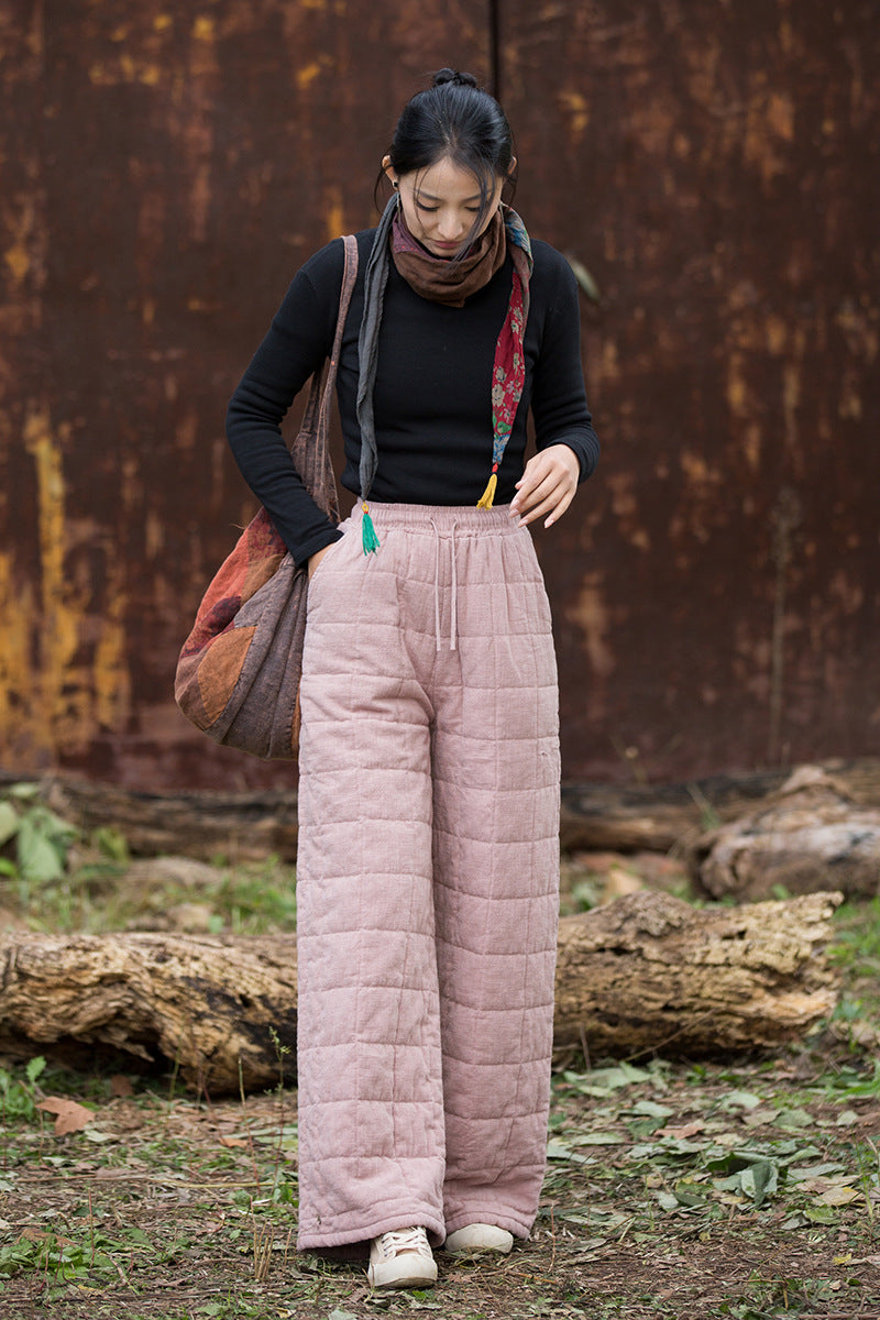 Ramie Linen Cotton Quilted Thick Pants with Pockets & Front Ties, winter women pants 251105w