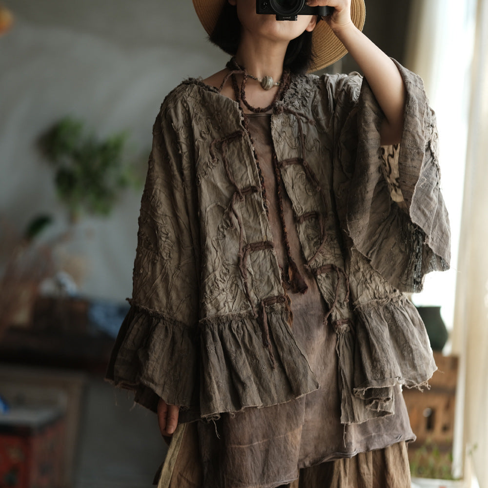 100% Cotton 3D Embroidered Ruffle Sleeve Blouse with Traditional Buttons 250402s 2365