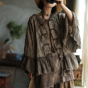 100% Cotton 3D Embroidered Ruffle Sleeve Blouse with Traditional Buttons 250402s 2365