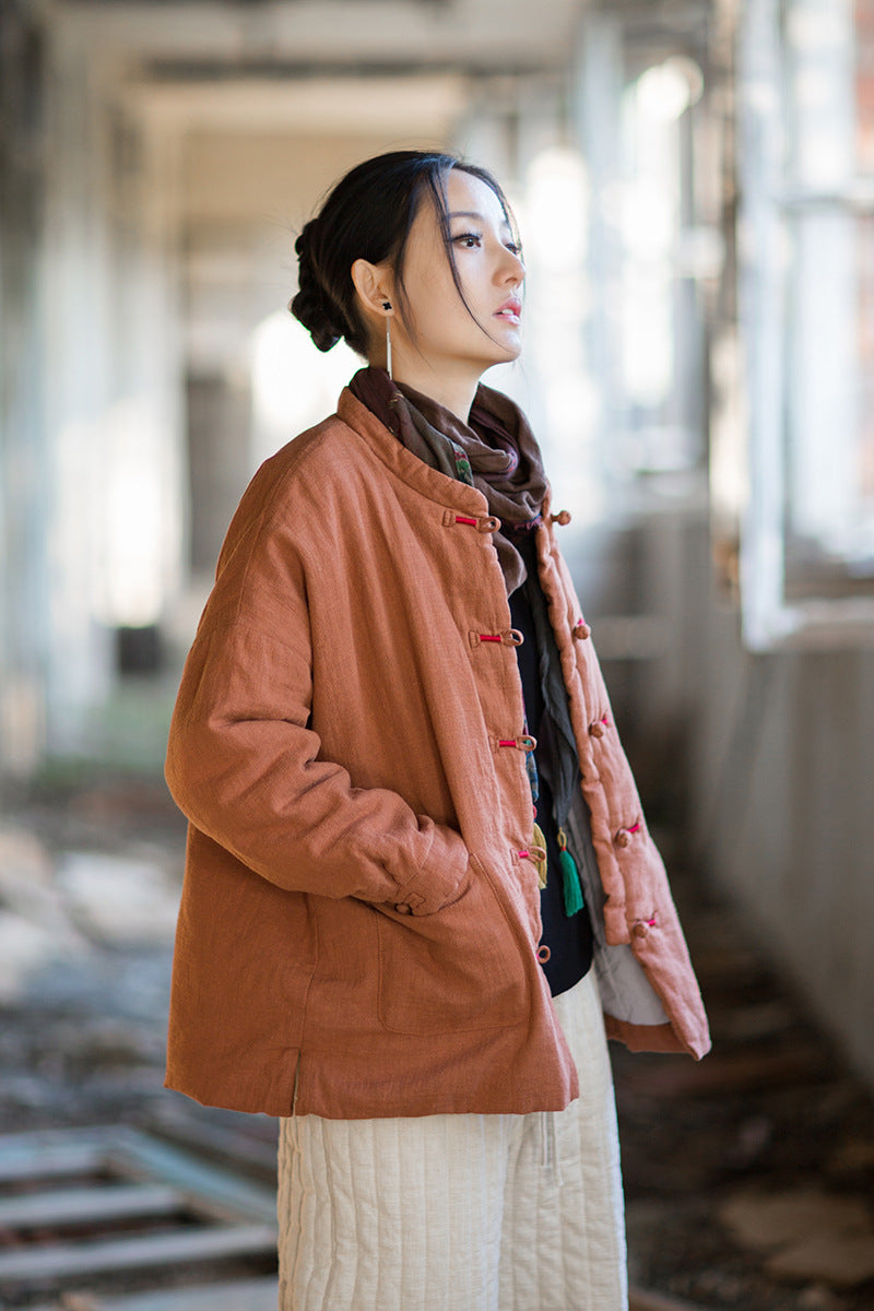 Ramie Cotton Women Quilted Jacket with Pockets & Frog Buttons in Hanfu Style, Chinese style Hanfu 251110w