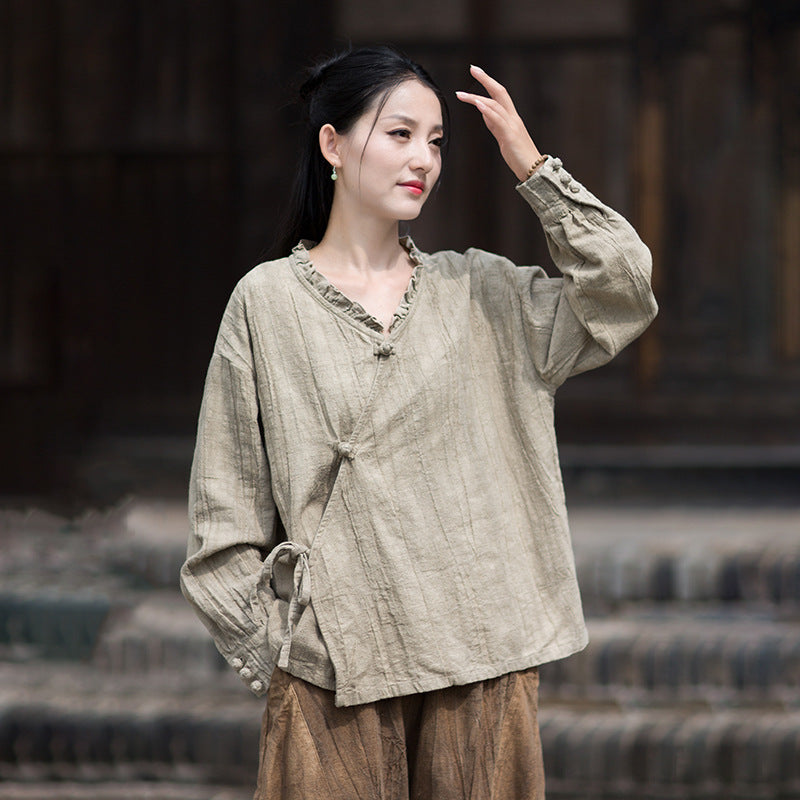 Ramie Linen Women Shirt in Hanfu Style with Ruffled Collar & Diagonal Closure 250922a