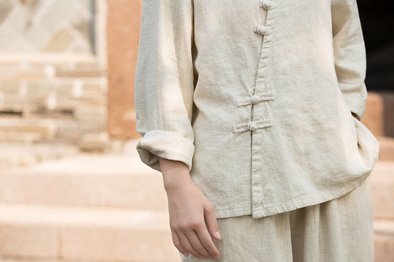 Ramie Linen Women Shirt in Hanfu Style with Diagonal Closure and Frog Buttons 250921a