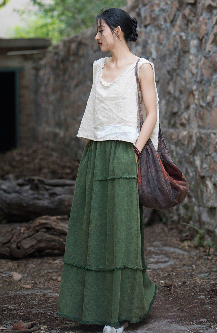 Linen Cotton Maxi Skirt with Pockets in Asymmetric Design with Raw Edg ...