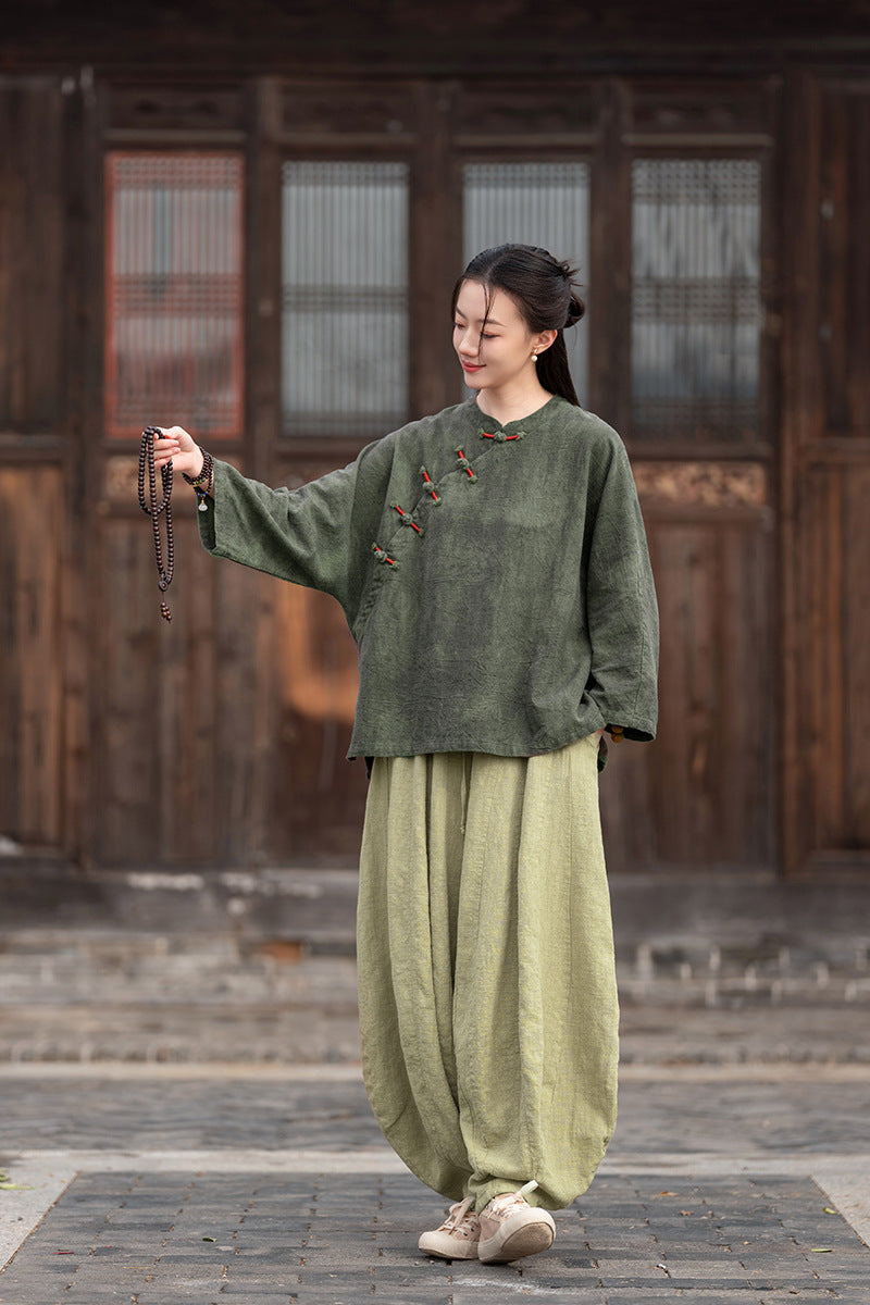 Ramie Linen Women Hanfu Pullover with Color-Block Traditional Buttons 250811s