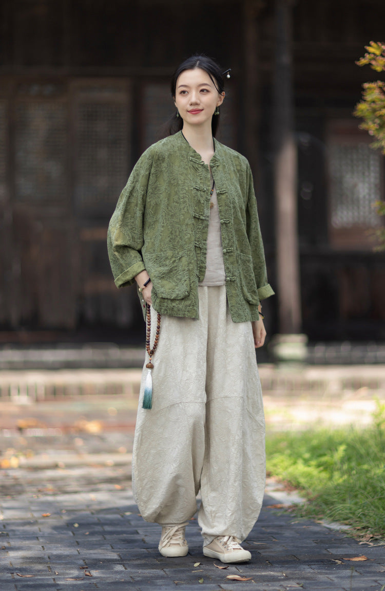 Linen Cotton Women Hanfu Shirt with Wide Leg Carrot Pants Set 251014w