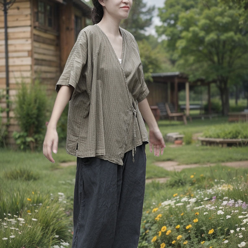 100% Cotton Wrap Cardigan Shirt with Mid-length sleeves and Tie-front Design 250407s