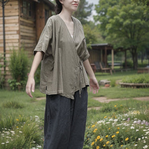100% Cotton Wrap Cardigan Shirt with Mid-length sleeves and Tie-front Design 250407s