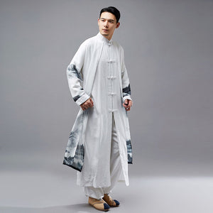 2 in 1 Retro Chinese Men Hanfu Robe with Traditional Buttons and Chiffon Cloak 240713s