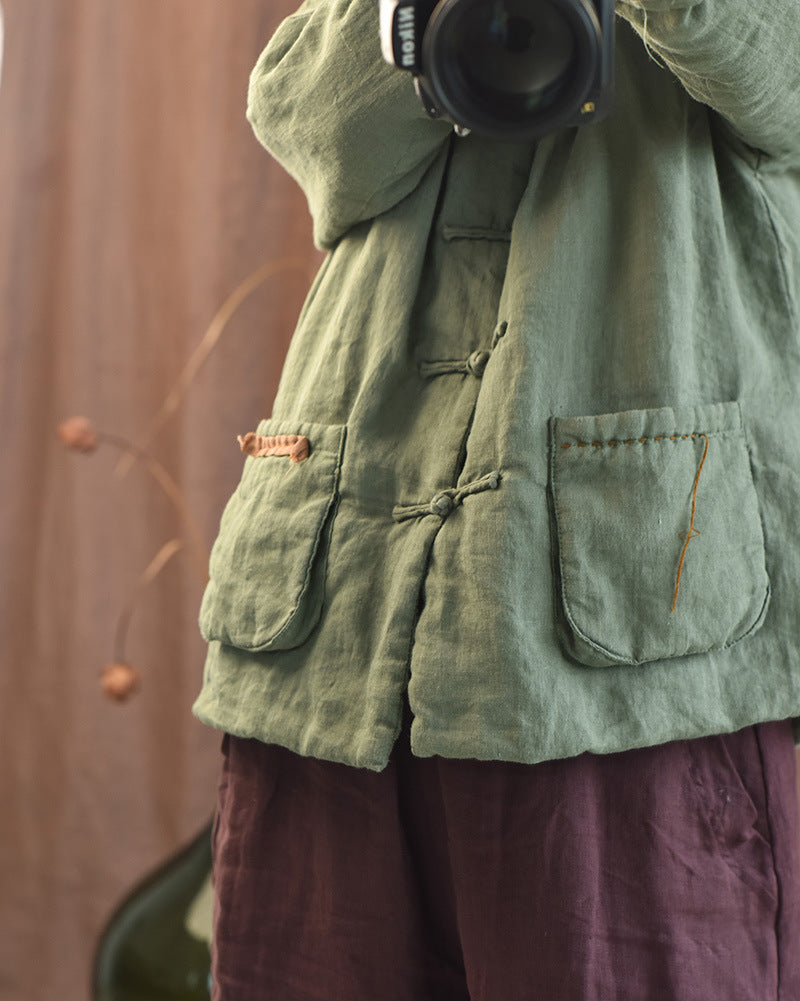 100% Linen Autumn Winter Women Quilted Jacket with Handsewing Details in Hanfu Style 250902a