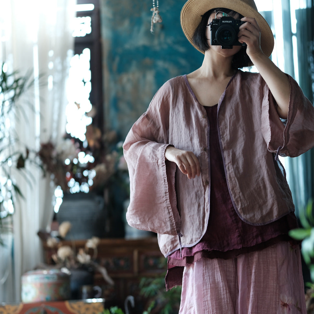 100% Linen  Women Shirt with Chinese Traditional Sleeves, linen women Shirt Jacket 250408s 1994