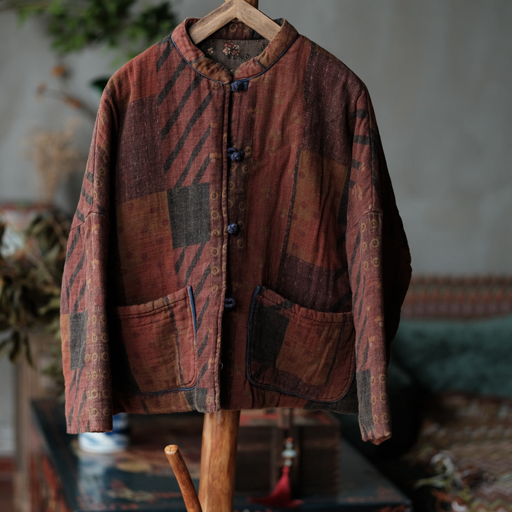 100% Cotton Women Quilted Chinese Jacket with Pockets and Vintage Print 251114w 1791