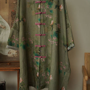 100% Ramie Linen Vintage Chinese Women Long Tunic with Chinese Traditional Buttons and Vintage Floral Print 242205s