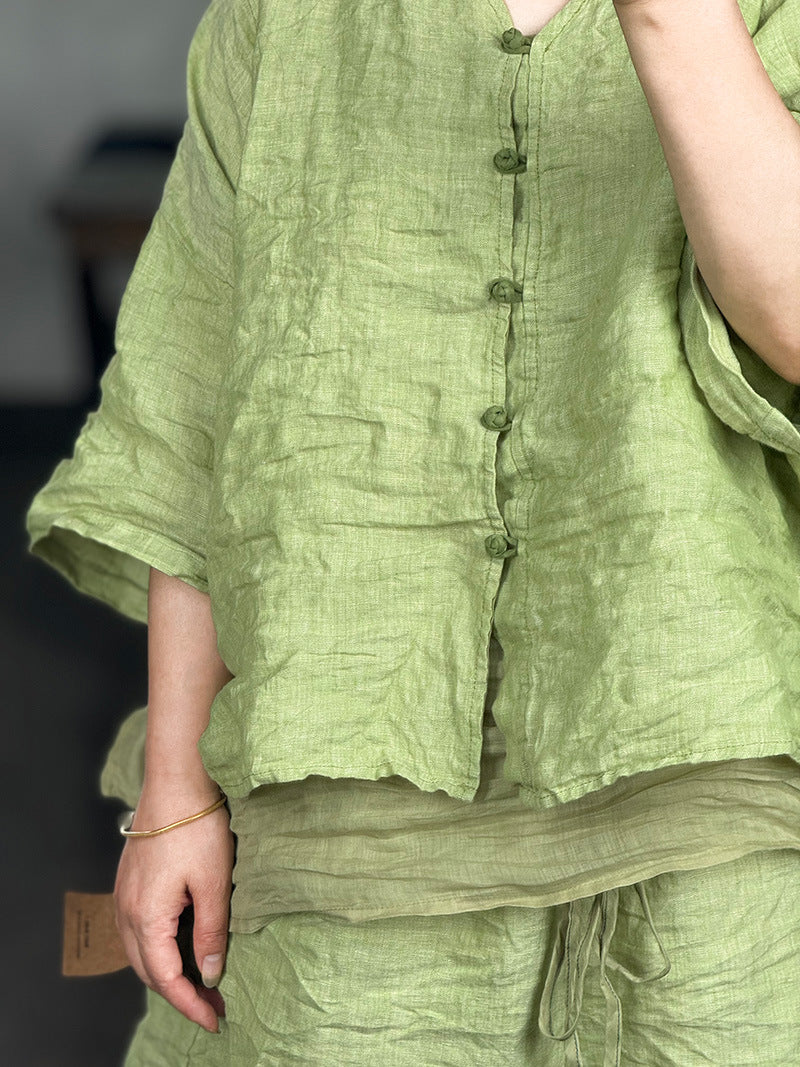 100% Linen Women Shirt with Chinese Traditional Buttons 250803s 4352