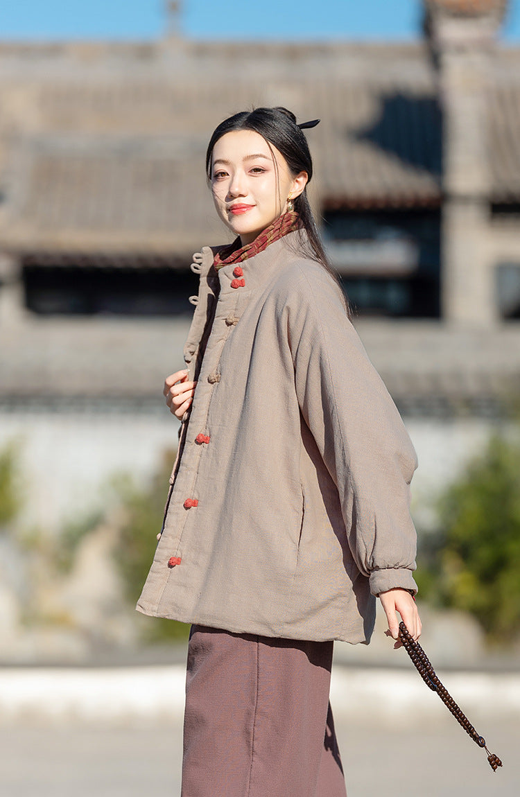 Ramie Linen Cotton Women Quilted Jacket with Pockets & Color-block Buttons in Hanfu Style, Chinese style Hanfu 251121w