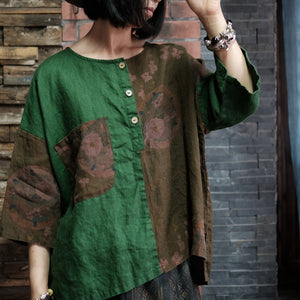 100% Linen Women Blouse with Patchwork Design, casual women linen blouse 241704s