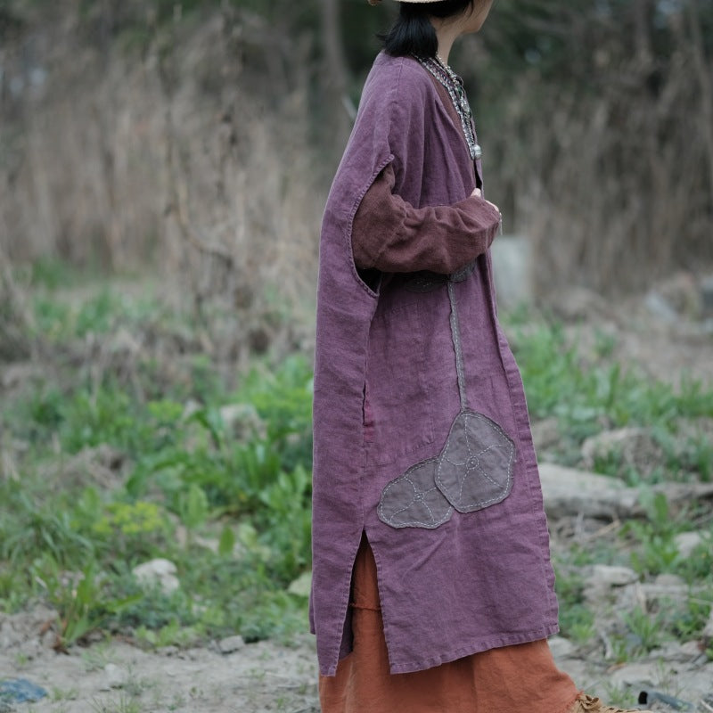 100% Linen Women Jacket with Lotus Embroidery and Short Sleeves, Linen women blouse 232350a