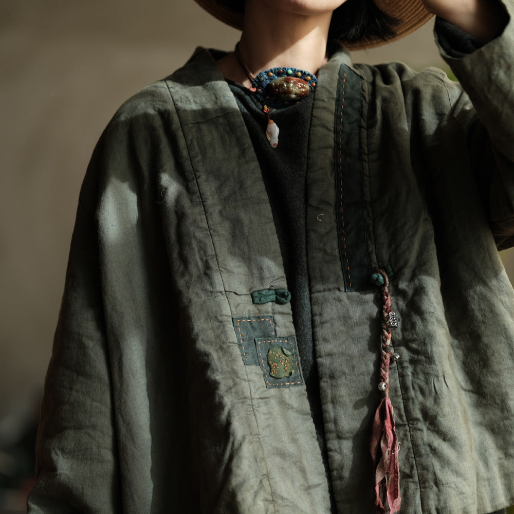 100% Linen Women Quilted Jacket with Front Tie in Hanfu Style, Chinese style Hanfu 250908a