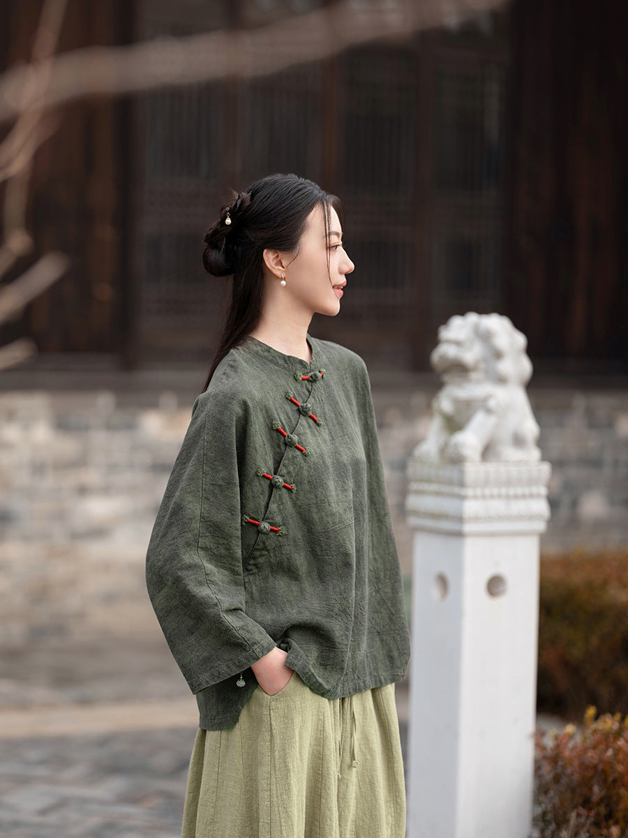 Ramie Linen Women Hanfu Pullover with Color-Block Traditional Buttons 250811s