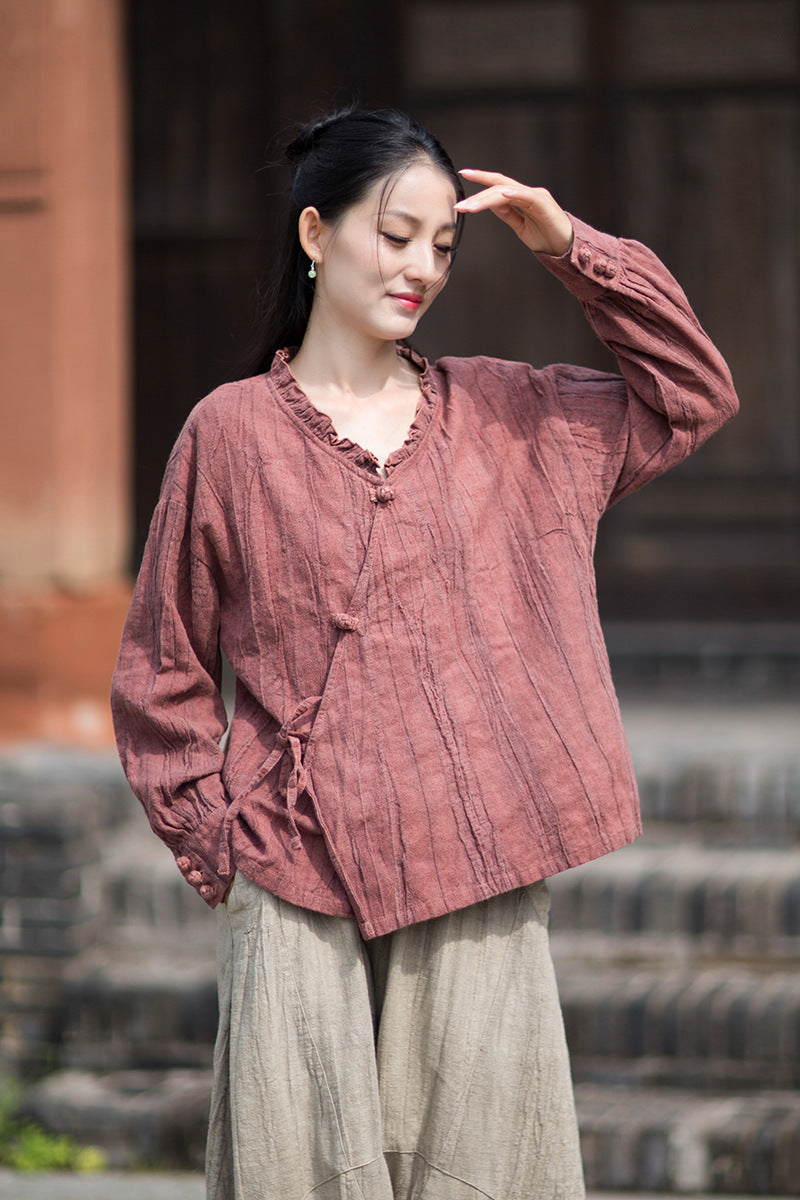Ramie Linen Women Shirt in Hanfu Style with Ruffled Collar & Diagonal Closure 250922a