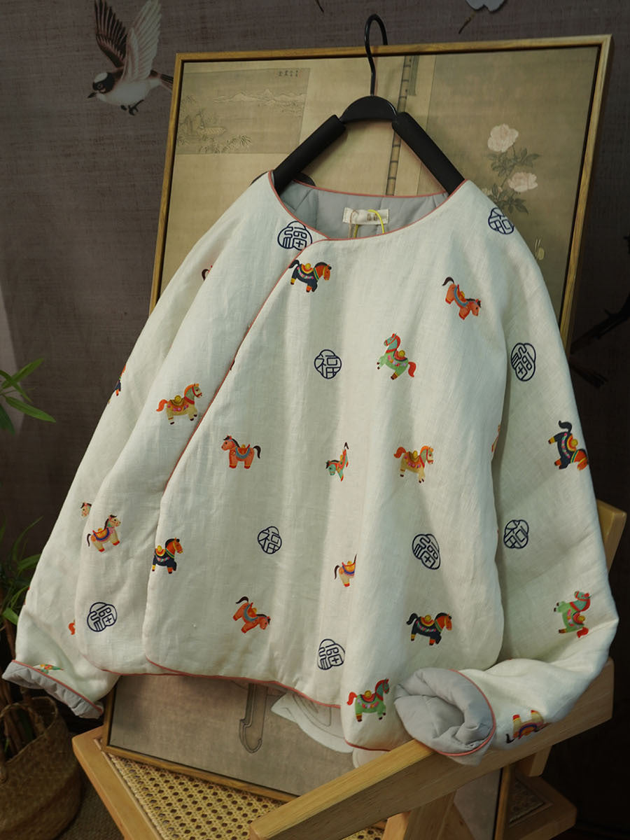 Linen Cotton Women Quilted Chinese Pullover with Vintage Horse Print and Traditional Chinese Buttons 251118w  375020