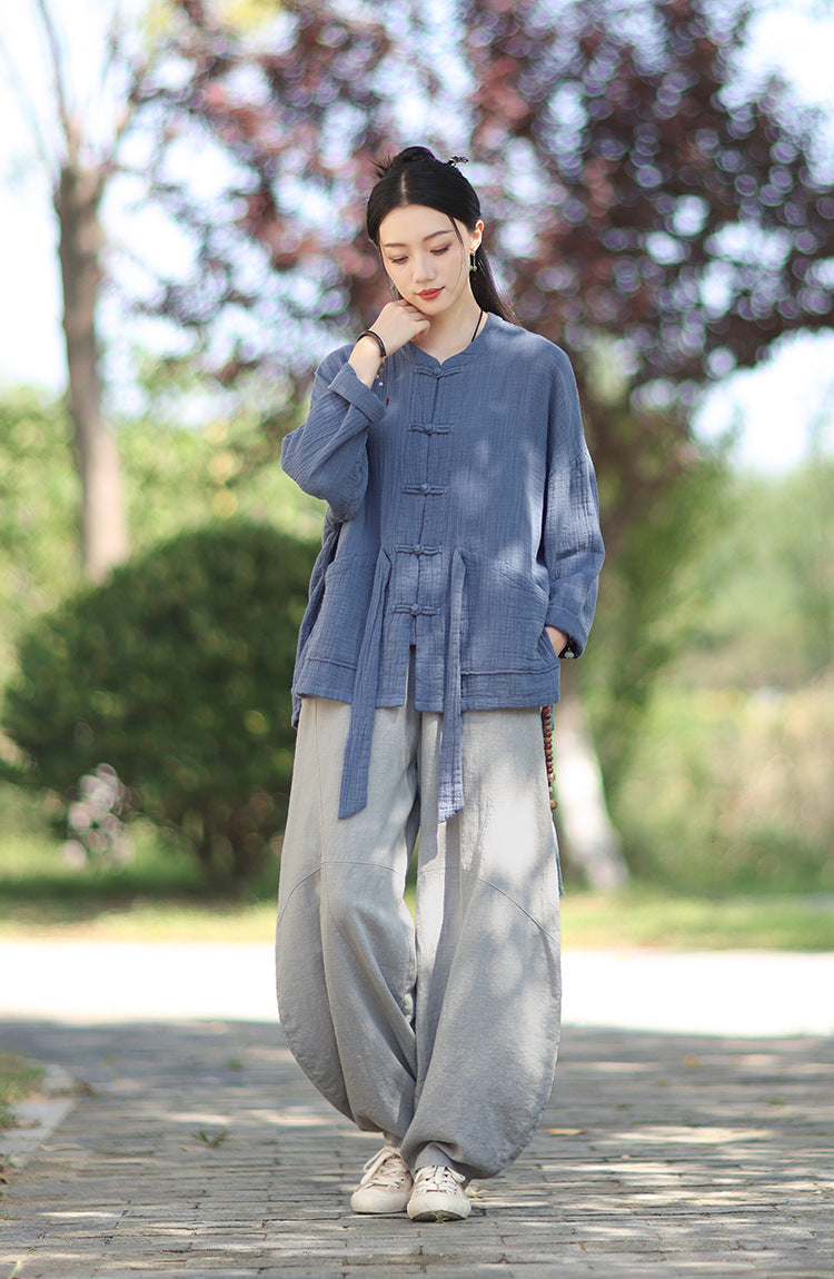 100% Cotton Women Hanfu Shirt with Chinese Traditional Buttons & Pockets 251016w