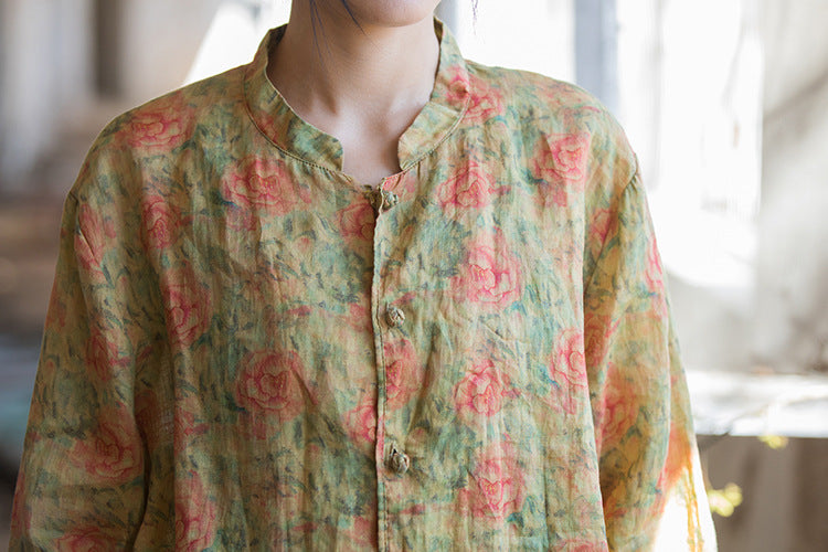 100 Percent Ramie Linen Women Blouse with Vintage Print, linen women shirt 231712a