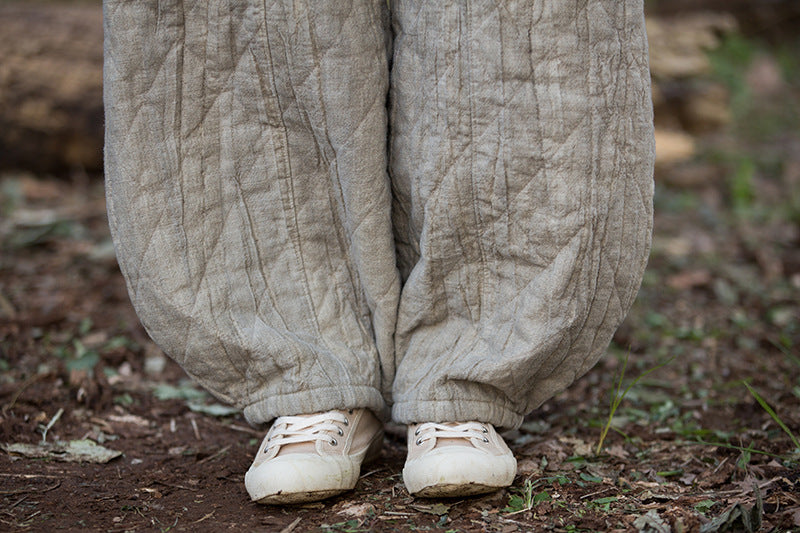 Ramie Linen Cotton Quilted Thick Pants with Pockets, winter women padded pants  251106w