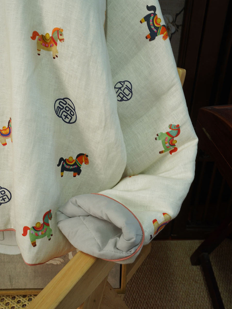 Linen Cotton Women Quilted Chinese Pullover with Vintage Horse Print and Traditional Chinese Buttons 251118w  375020