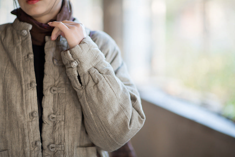 Ramie Linen Cotton Women Quilted Jacket with Pockets & Frog Buttons in Hanfu Style, Chinese style Hanfu 251109w