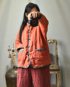 100% Linen Women Quilted Jacket with Traditional Buttons & Pockets in Hanfu Style, Chinese style Hanfu 241107w