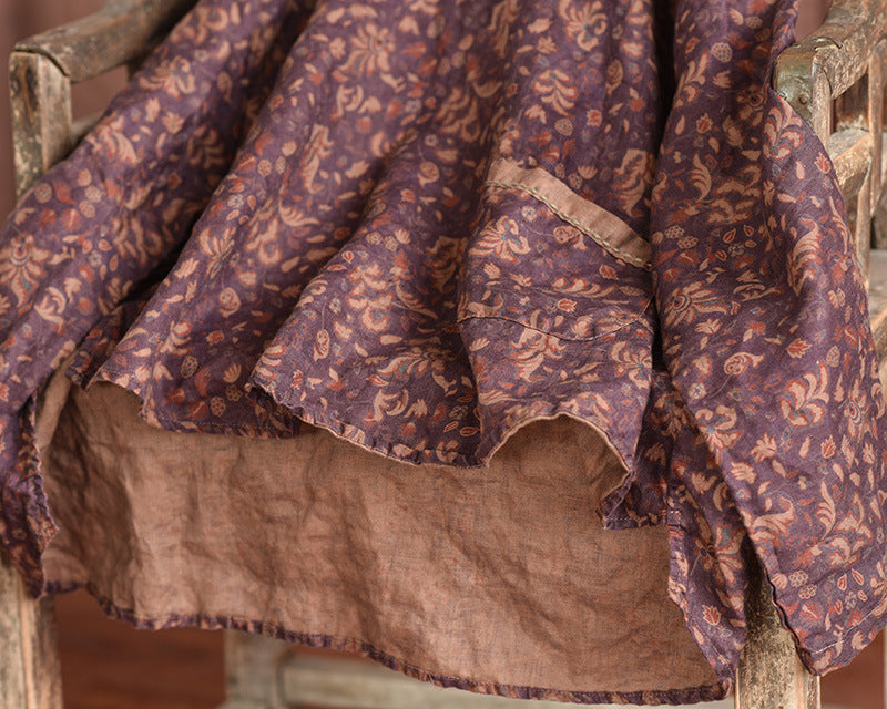 100% Linen Asymmetrical Women Shirt with High-low Hem & Vintage Print 250712s