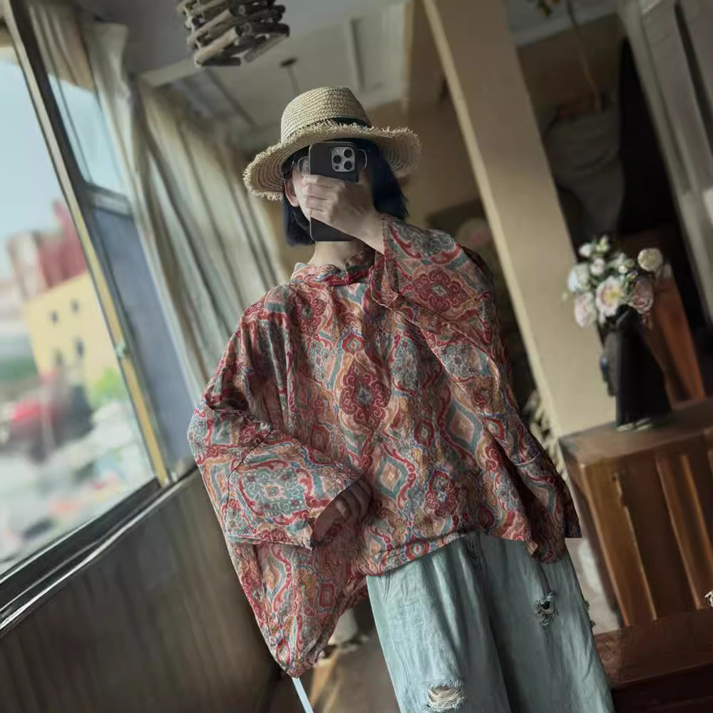100% Linen Women Loose Blouse with Vintage Print and Long Sleeves, Linen women blouse 250319s 2173